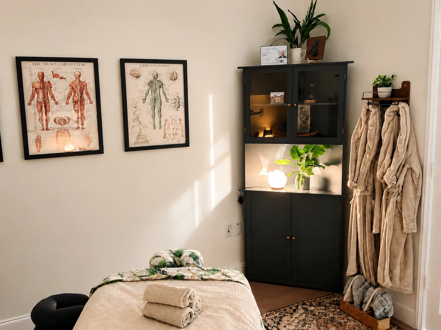 The treatment table, anatomy charts and robes in the studio.