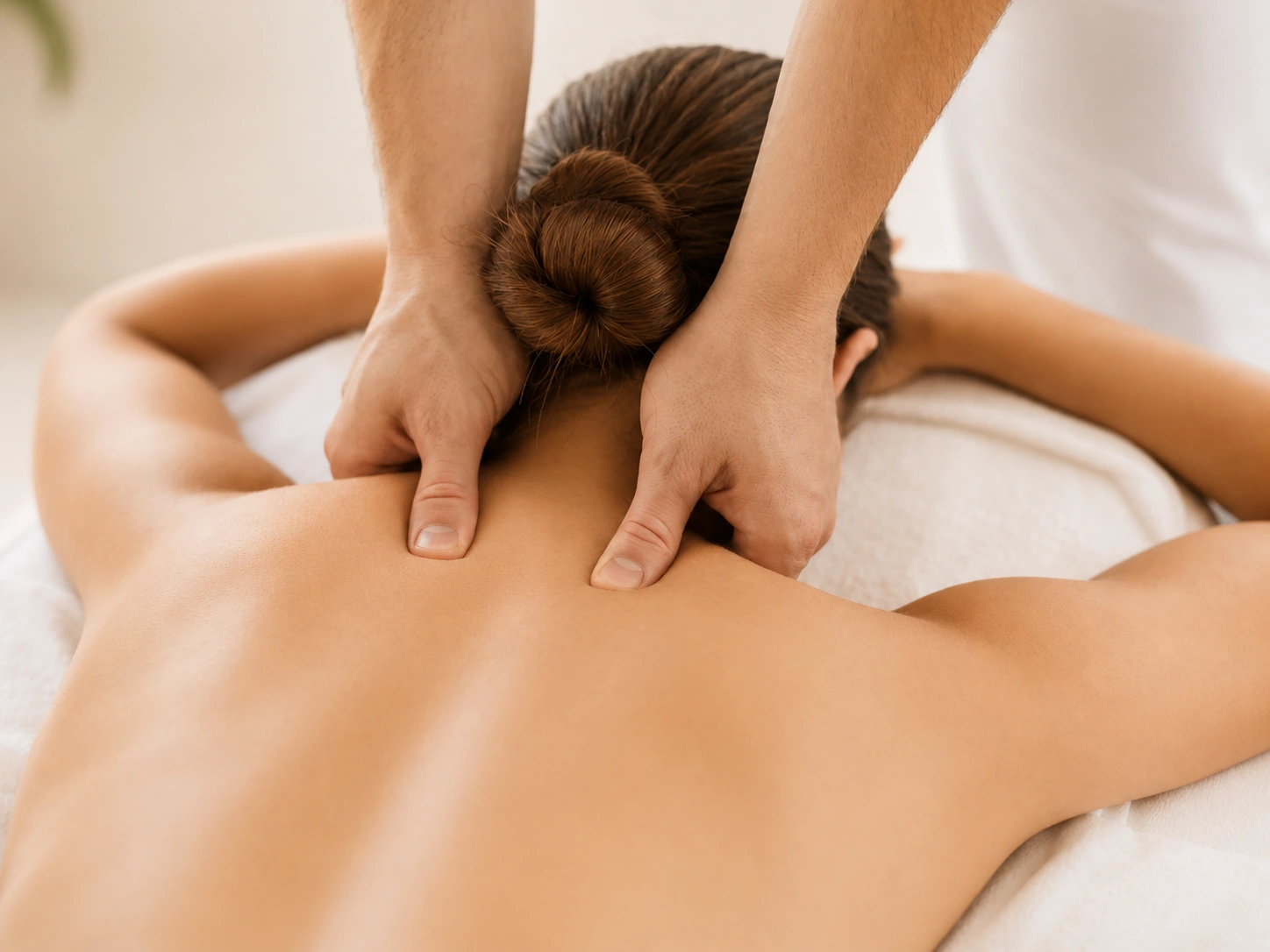 A therapist working along a client's upper back with both thumbs.