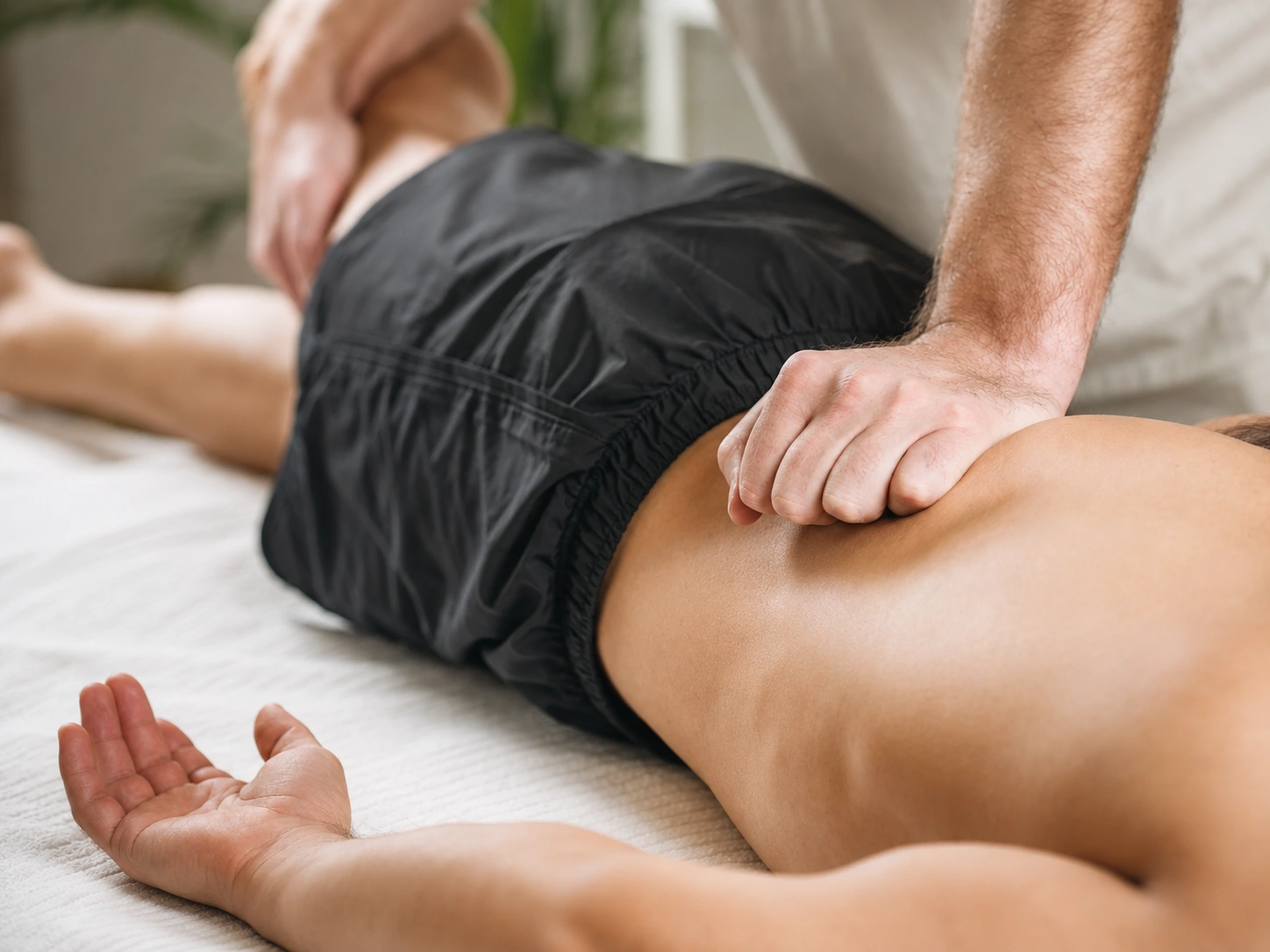 A therapist working the low back of a client in athletic shorts.